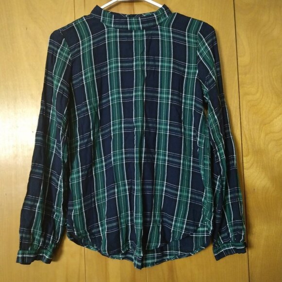Loft Women's Small Mock Neck Plaid Pullover Blouse Classic Back Button Closure - Picture 1 of 6